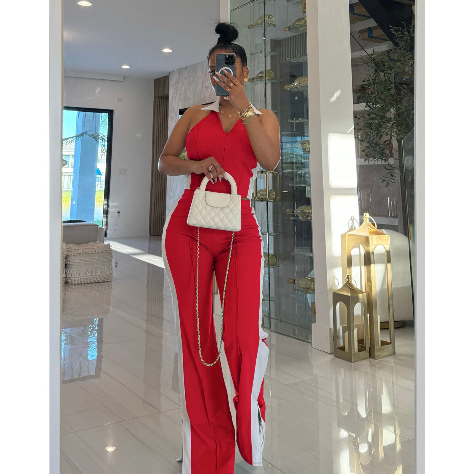 Patchwork Contrast Color V-Neck Zipper Slit Two-Piece Pants Set 4