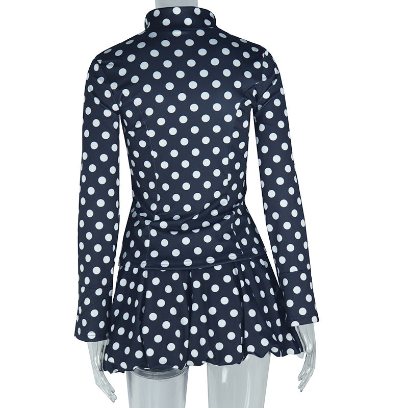 Fashionable Women's White Polka Dot Long-Sleeved Zipper Top Pleated Skirt Two Piece Set 6