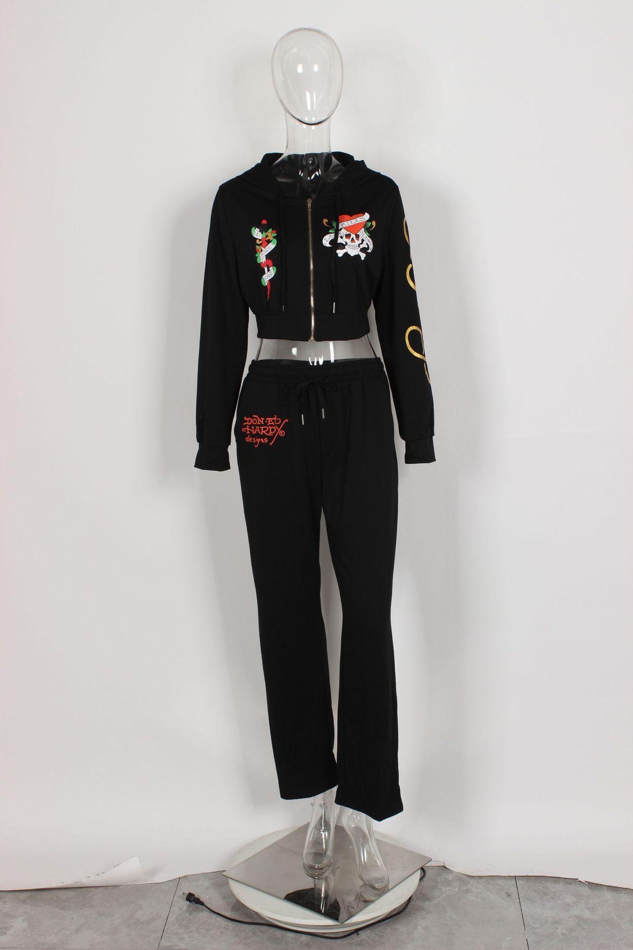 Fashionable street printed zipper short hoodies high waist straight trousers two piece set 24