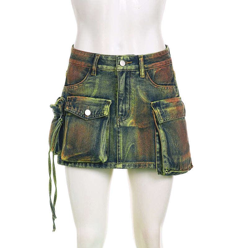 Women's Tie Dye Distressed Patchwork Irregular Pocket High Waist Zipper Slim Denim Skirt 11