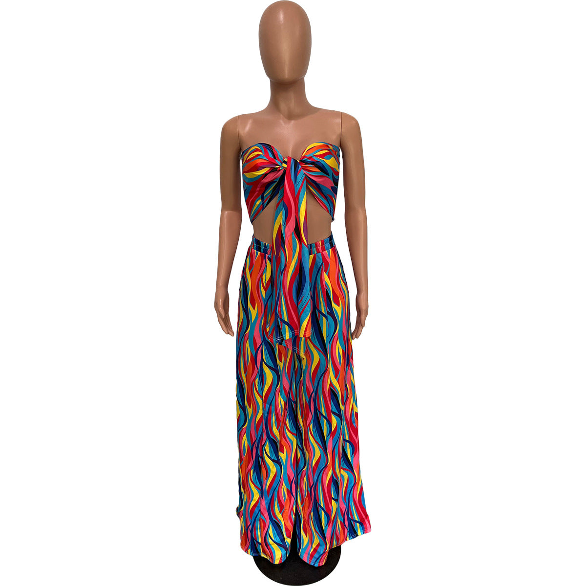 Women's Spring/Summer Colorful Print trapless Tube Top Wide Leg Pants Two Piece Set 9