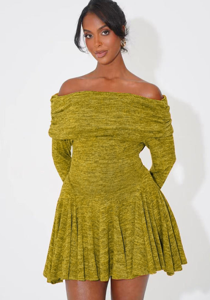 Women Spring Off Shoulder Long Sleeve Sexy Turndown Collar Dress