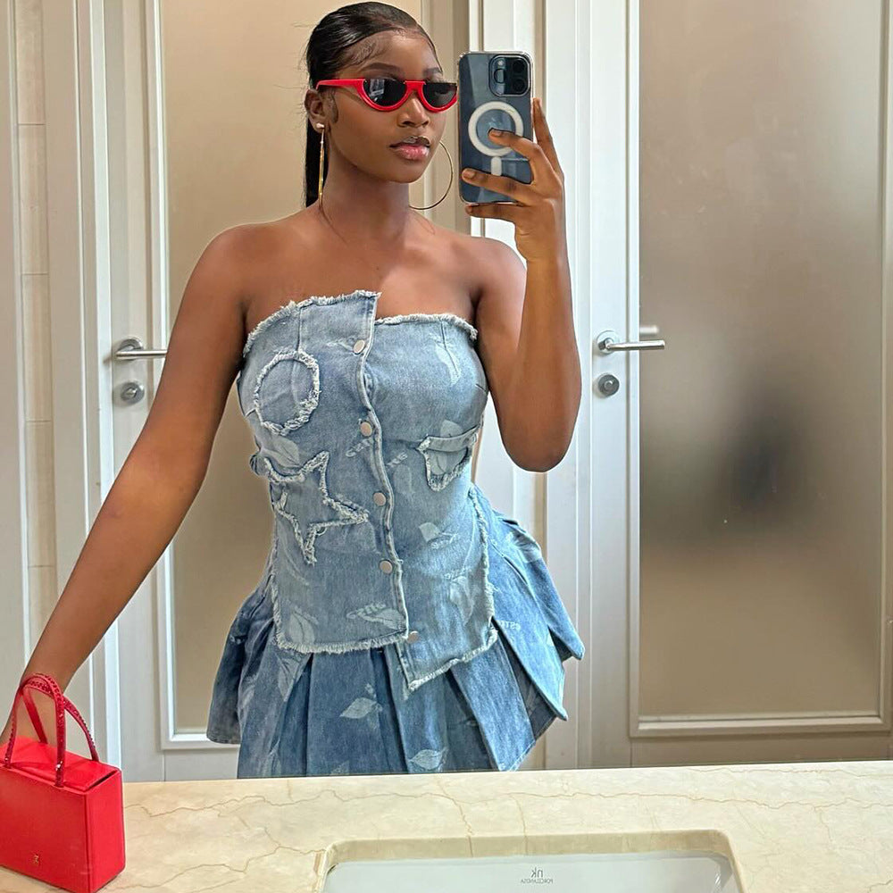Women's Sexy Fashion Irregular Denim Strapless Top Pleated Skirt Two Piece Set 4