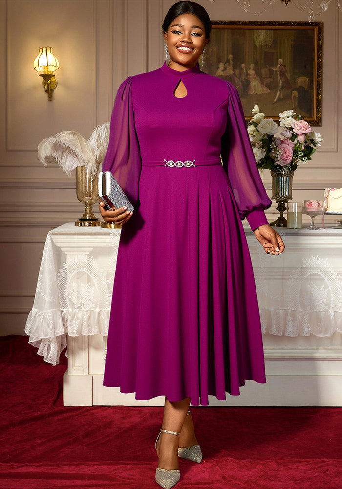 Plus Size Women's Elegant Purple Mid-Length Dress High Neck Cut-Out Design Chiffon Lantern Sleeve Rhinestone Belt Evening Gown