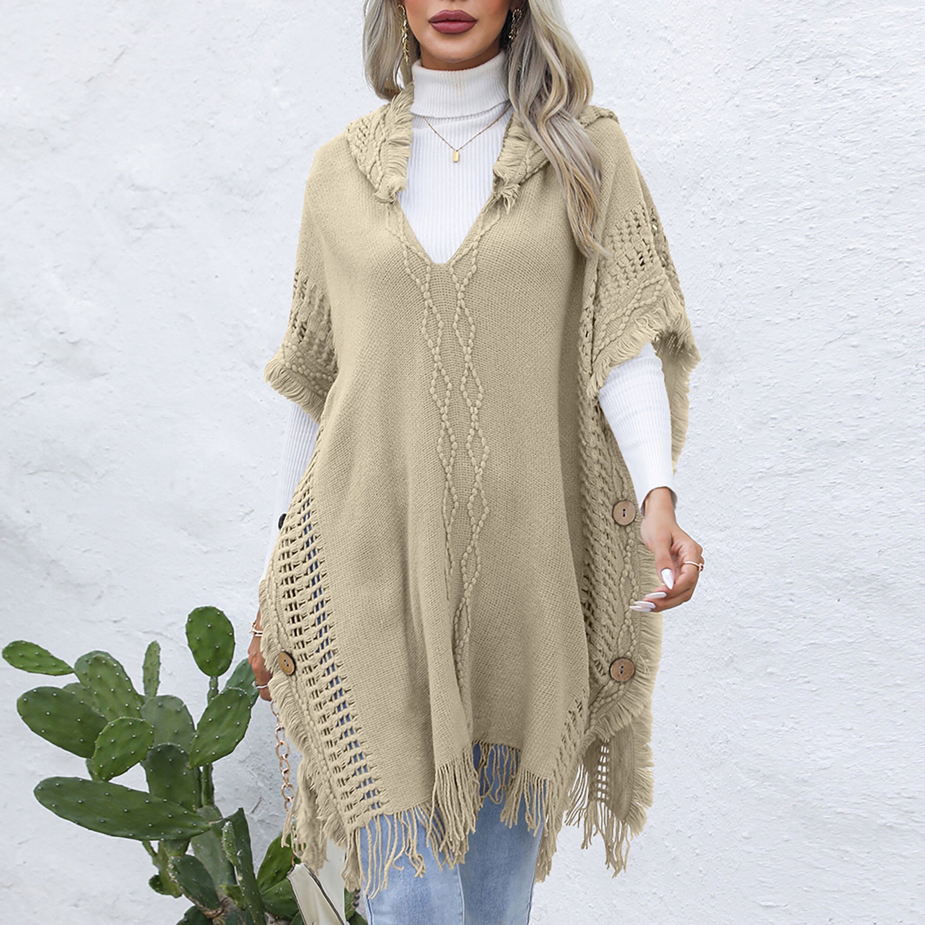 Women Casual Loose v-tie hat vest cloak sweater jacket 16
