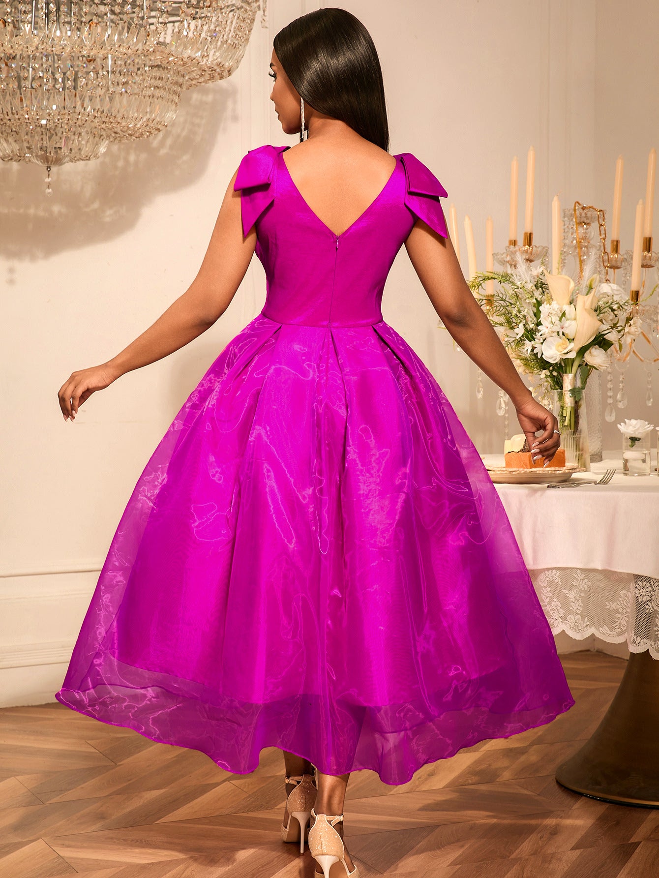 Sexy V-Neck Bow Sleeveless Dress High-Waist Elegant Formal Party Gown 3