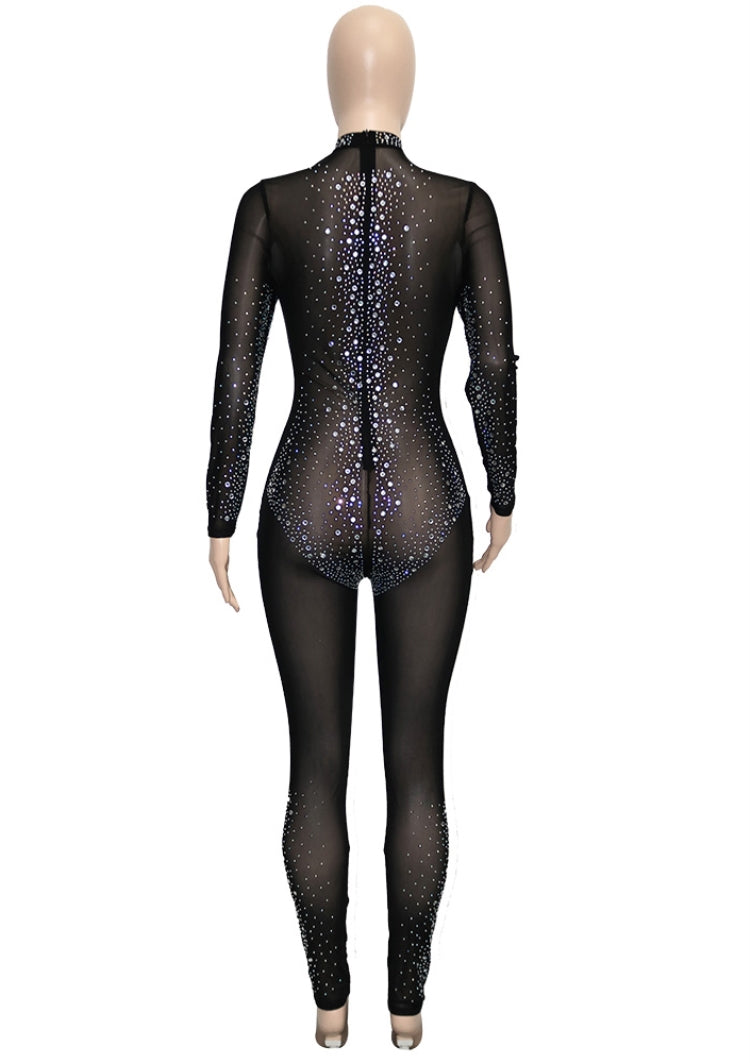 Autumn Black Beading Sexy Mesh Long Sleeve Party Jumpsuit 6