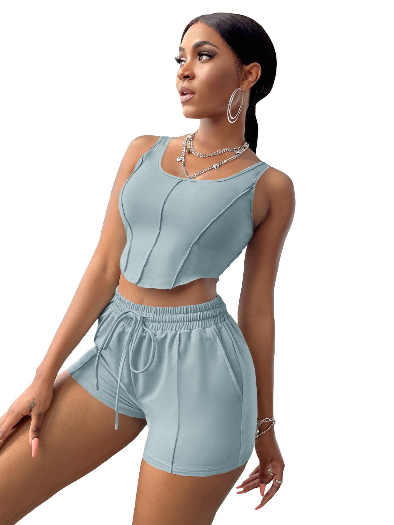 Women Sexy Irregular Top and Solid Shorts Two-Piece Set 24
