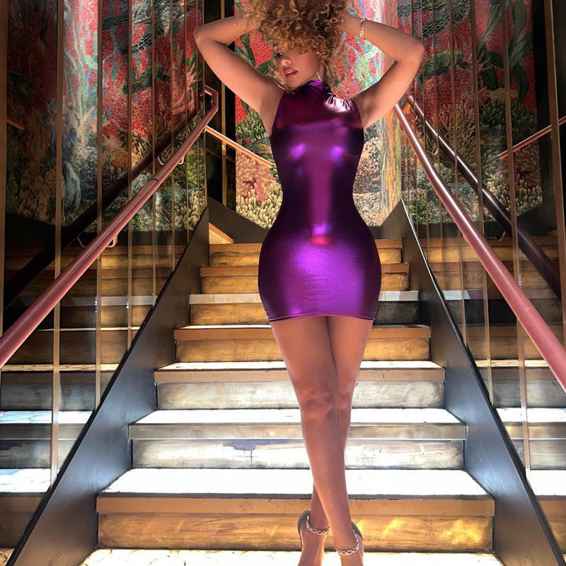 Women's Shiny Faux Leather Sleeveless Slim Waist Bodycon Dress 5