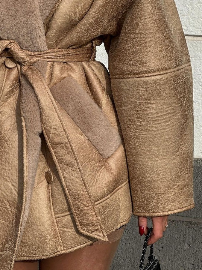 Women Autumn and Winter Cashmere Leather Fur Collar Composite Belt Jacket 3