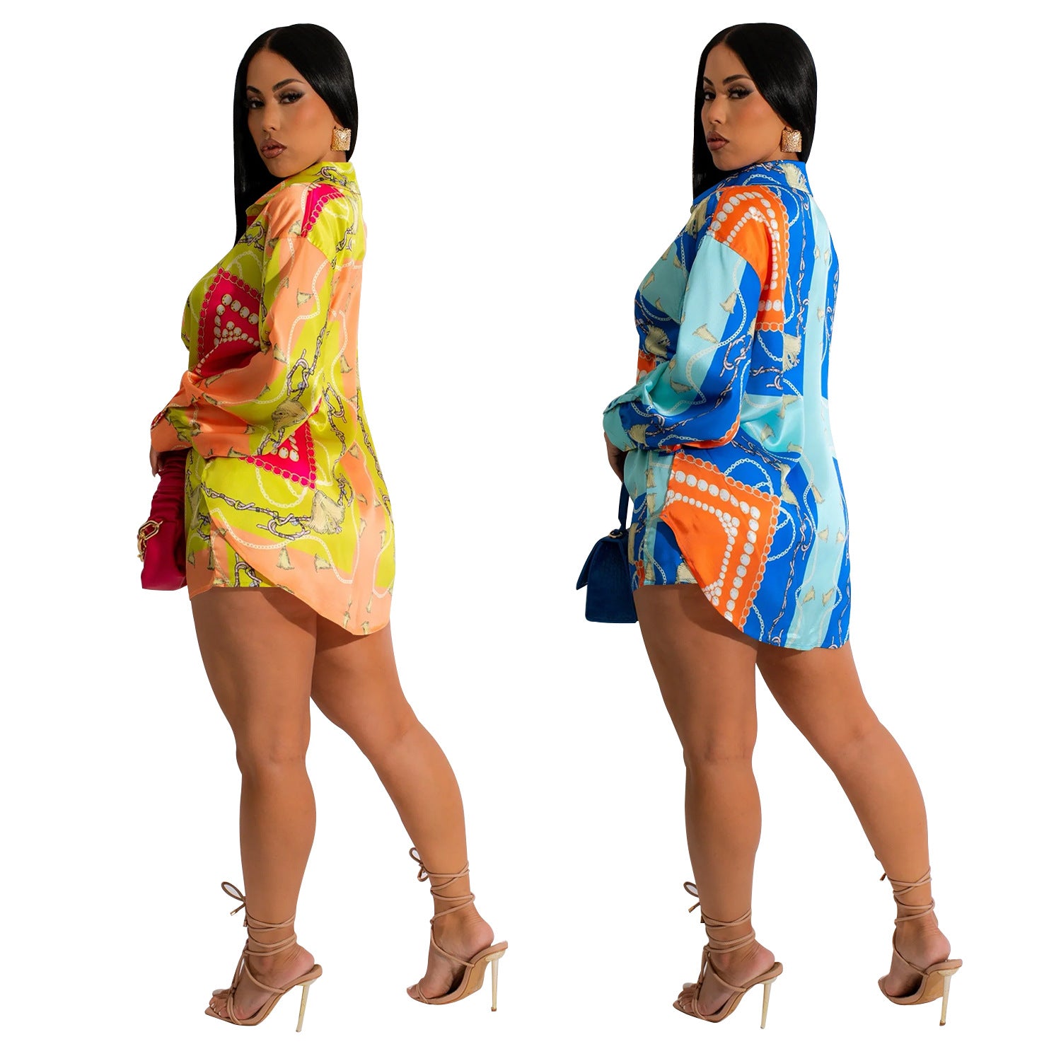 Ladies' Fashion Colorblock Turndown Collar Long Sleeve Shirt Shorts Two Piece Set 6