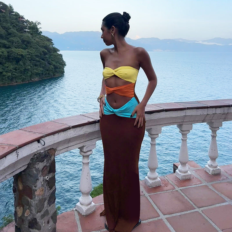 Women Contrast Strapless Hollow Sexy Dress 3