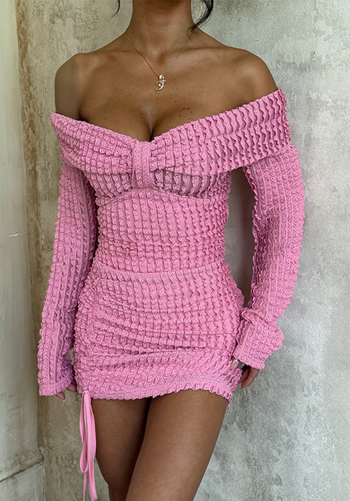 Women Elegant Jacquard Off-Shoulder Wave Pattern Long-Sleeved Dress