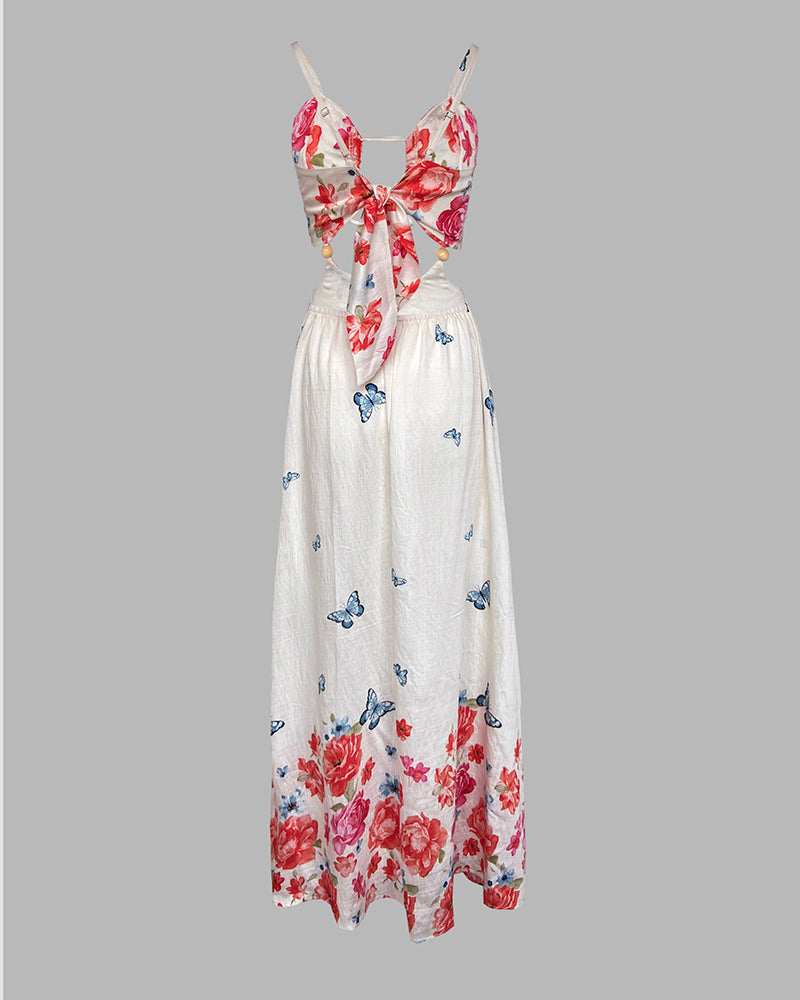 Floral Holiday Print Sexy Open Waist Strap Long Dress 6