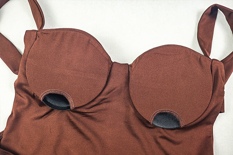 Women solid pleated suspender bodycon dress 14