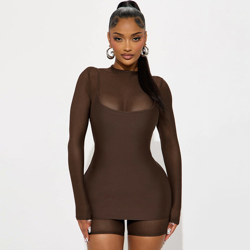 Women's Autumn Solid Color Long Sleeve Mesh Patchwork Strap Dress Jumpsuit Set 3