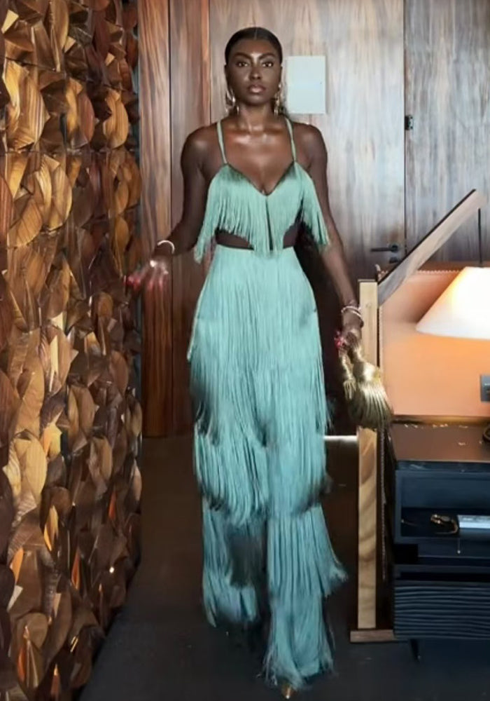 Women Sexy V-Neck Strapless Tassel Two-Piece Top and Skirt Set