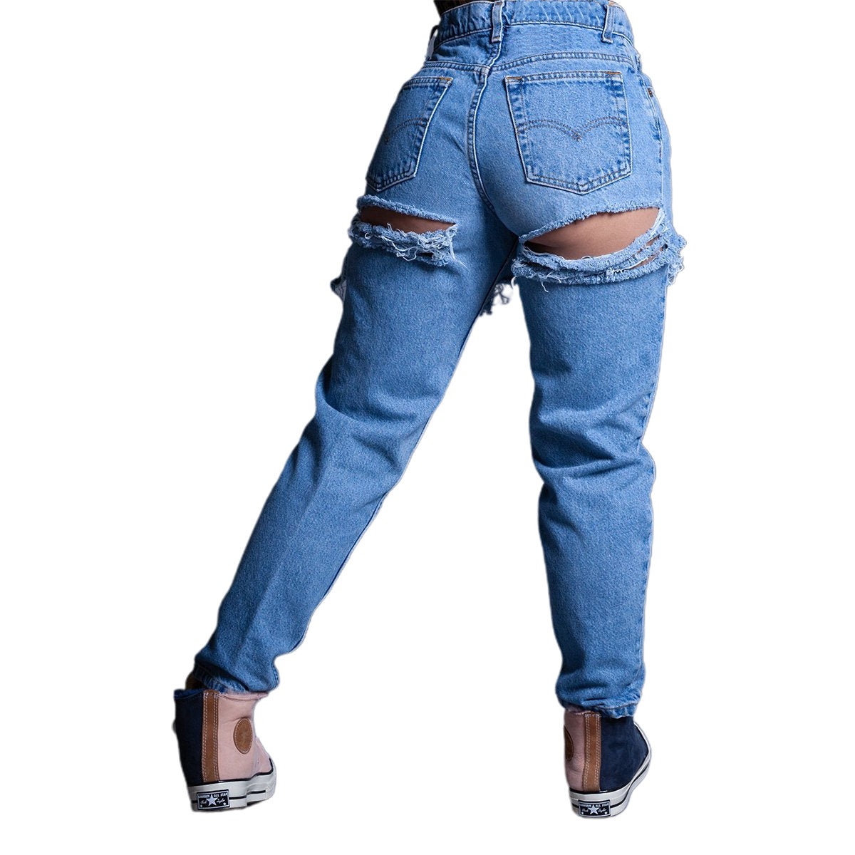 women washed high waist loose Ripped Denim pants 5