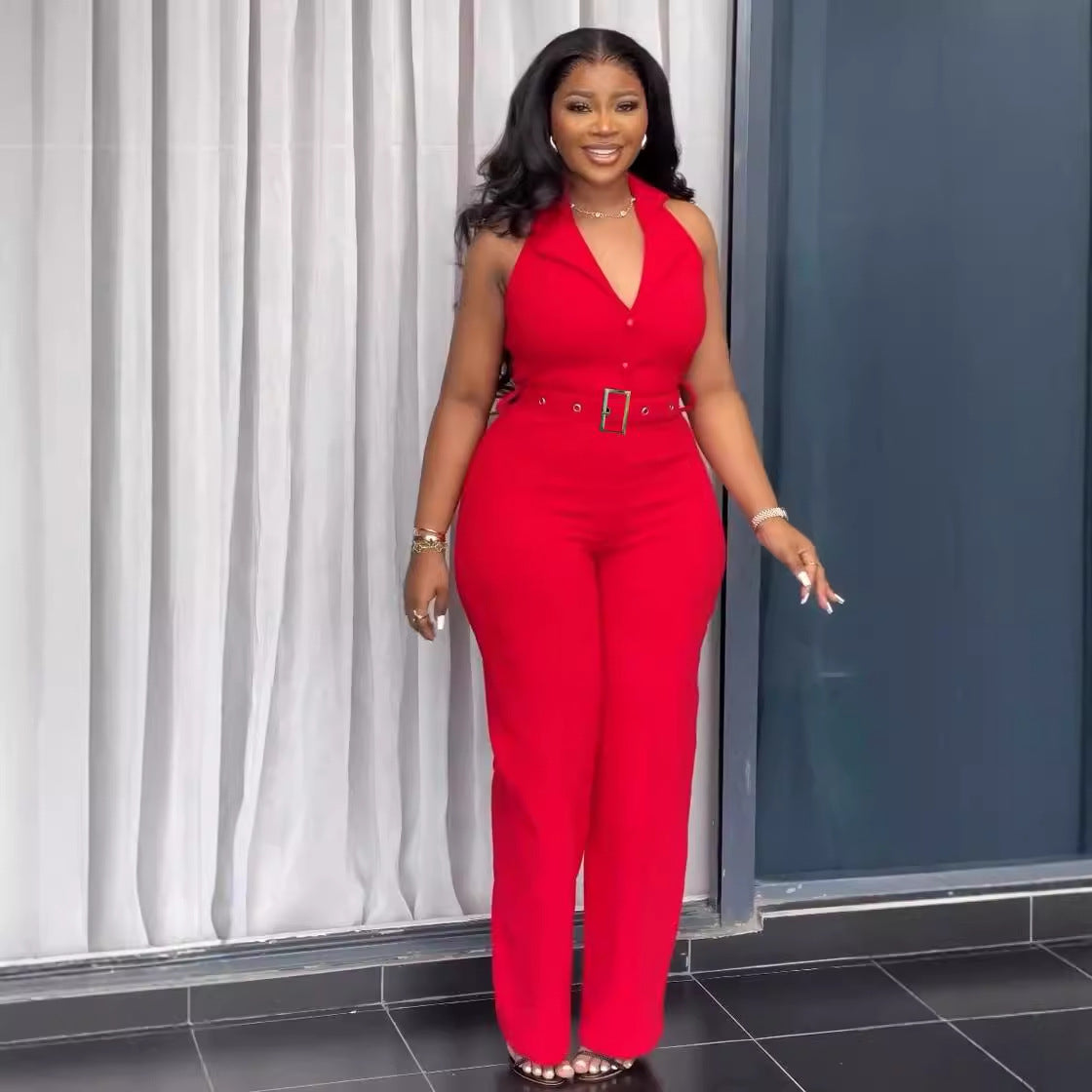 Women Halter Neck Backless V-neck button wide-leg jumpsuit 3