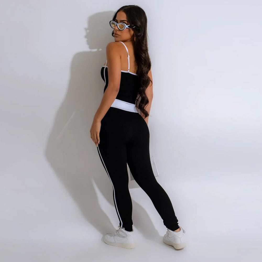 Women solid sexy suspender top pants two-piece set 3