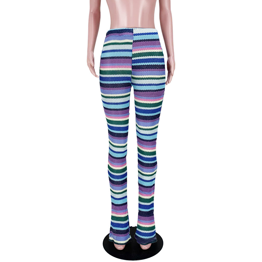 Women's Colorful Striped knitting Hollow Jacquard Fashion Pants Bell Bottom Pants 25