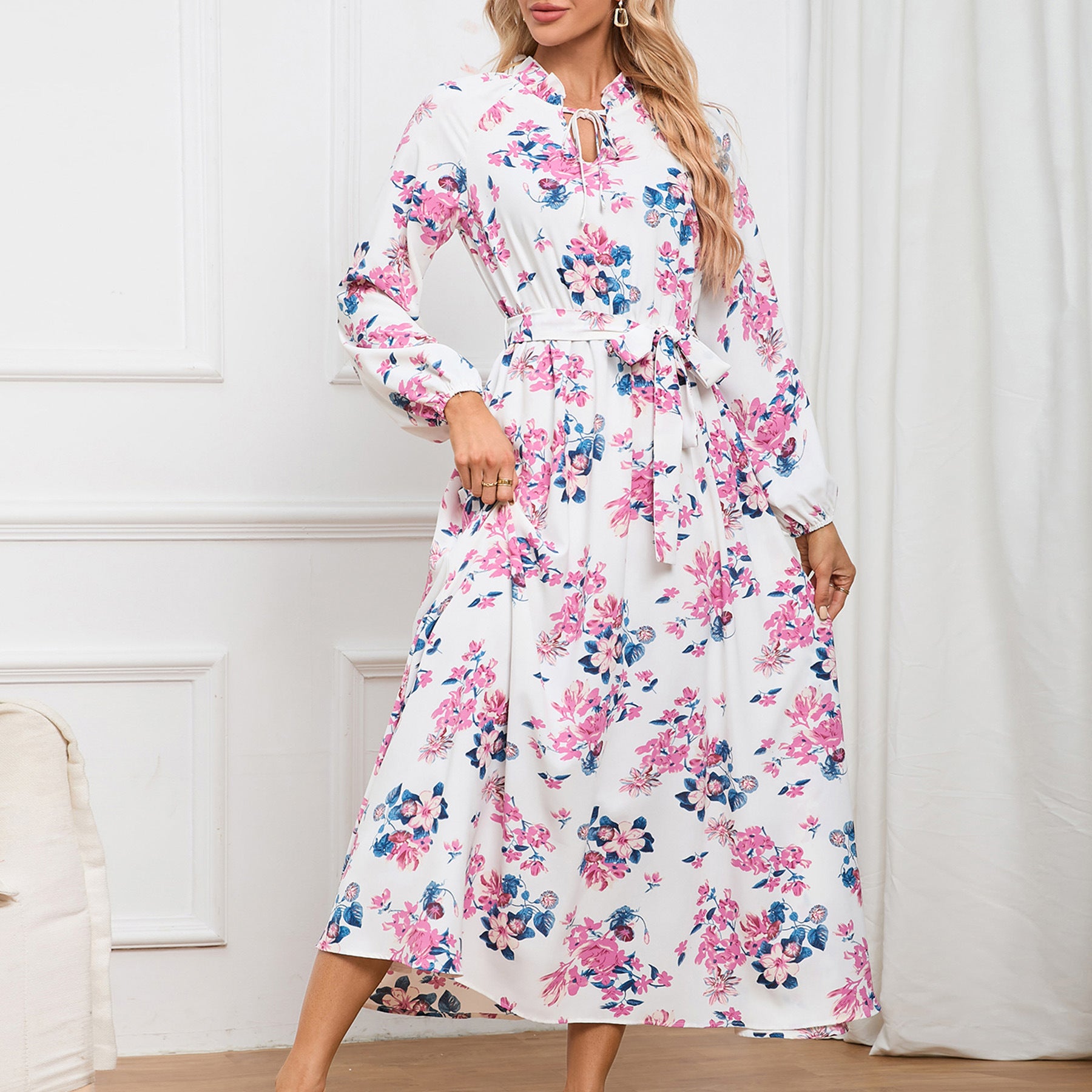 Women Balloon Sleeve Stand Collar Lace Floral Maxi Dress 13