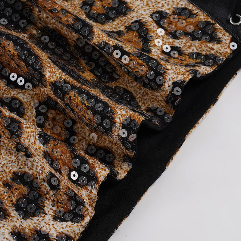 Sexy Side Lace-Up Leopard Print Bodycon Short Skirt with Sequins 20