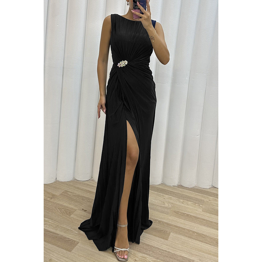 Pleated Slit Sleeveless Fashion Evening Dress For Women 8