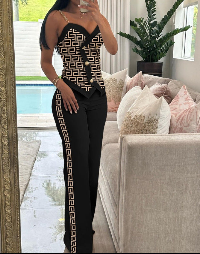 Fashion Printed Double-Breasted Strap Women's Two Piece Pants Set 16