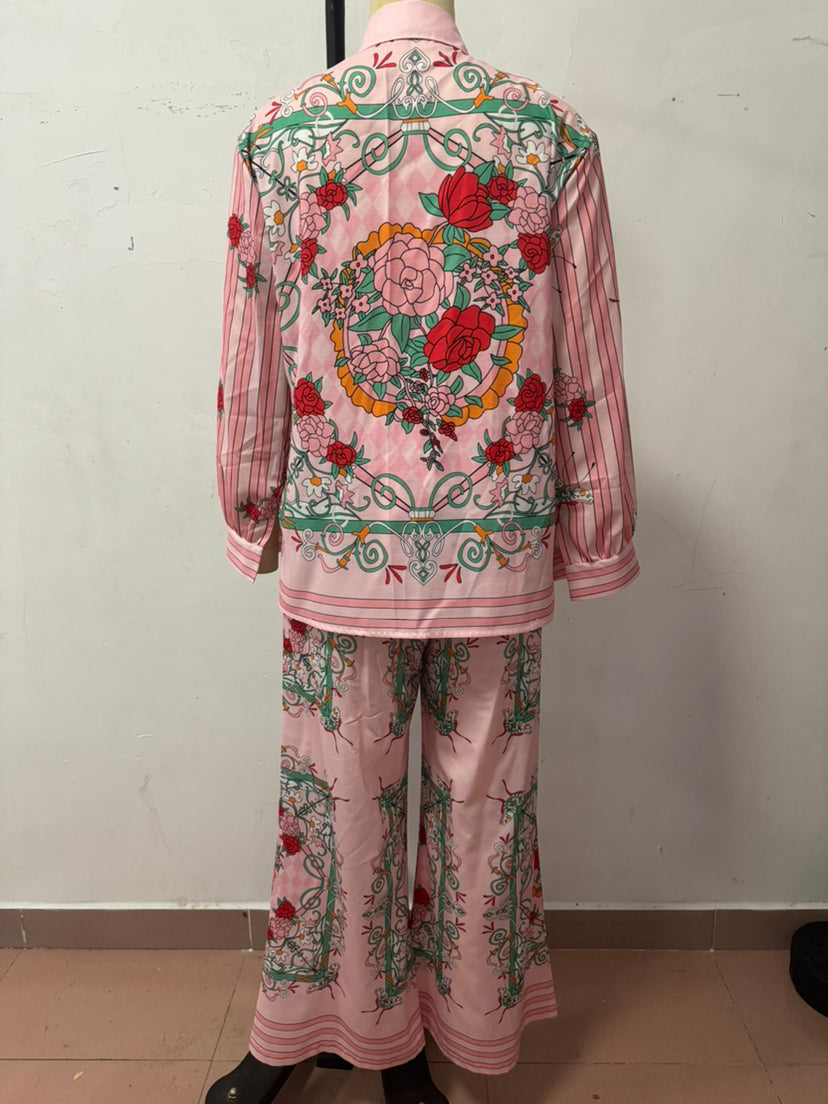 Women Casual Long Sleeve Loose Print Pocket Two-piece Set 7