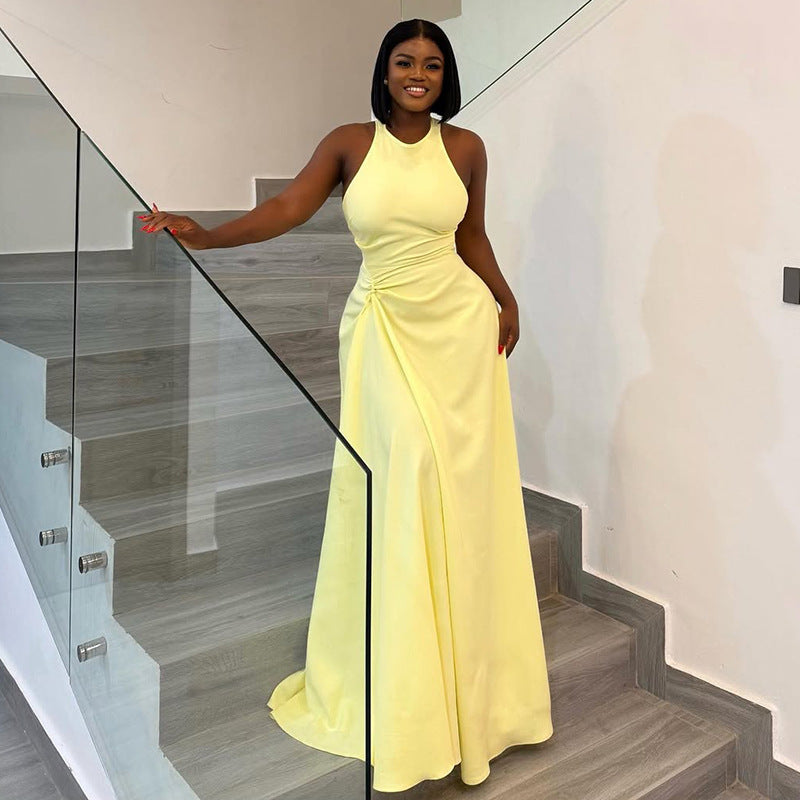 Women Solid Pleated Round Neck Sleeveless Bodycon Dress 7