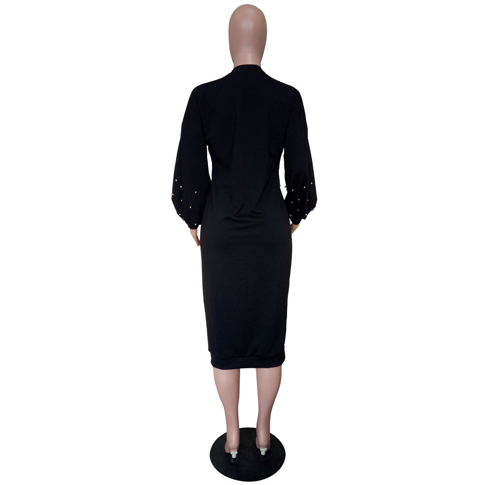 Women autumn and winter bubble sleeve beaded long-sleeved dress 9