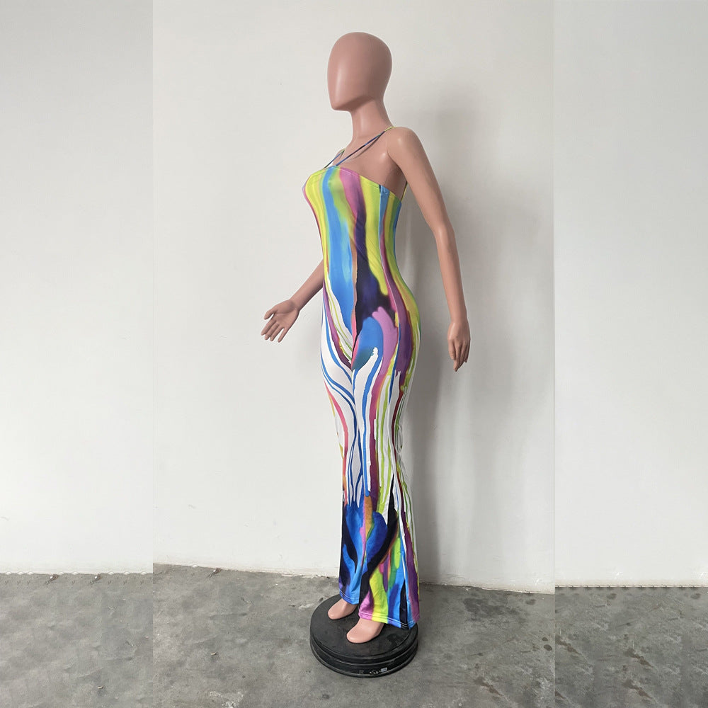 Sexy Suspender Graffiti Positioning Print Wide Leg Jumpsuit 10