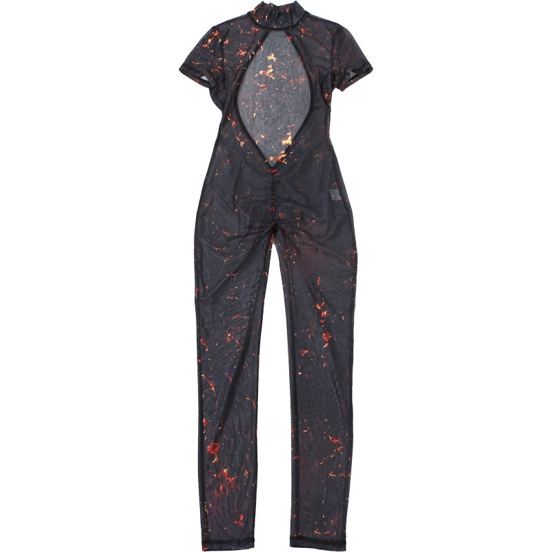 Women Summer Street Trend Mesh See-Through Print Backless Jumpsuit 16