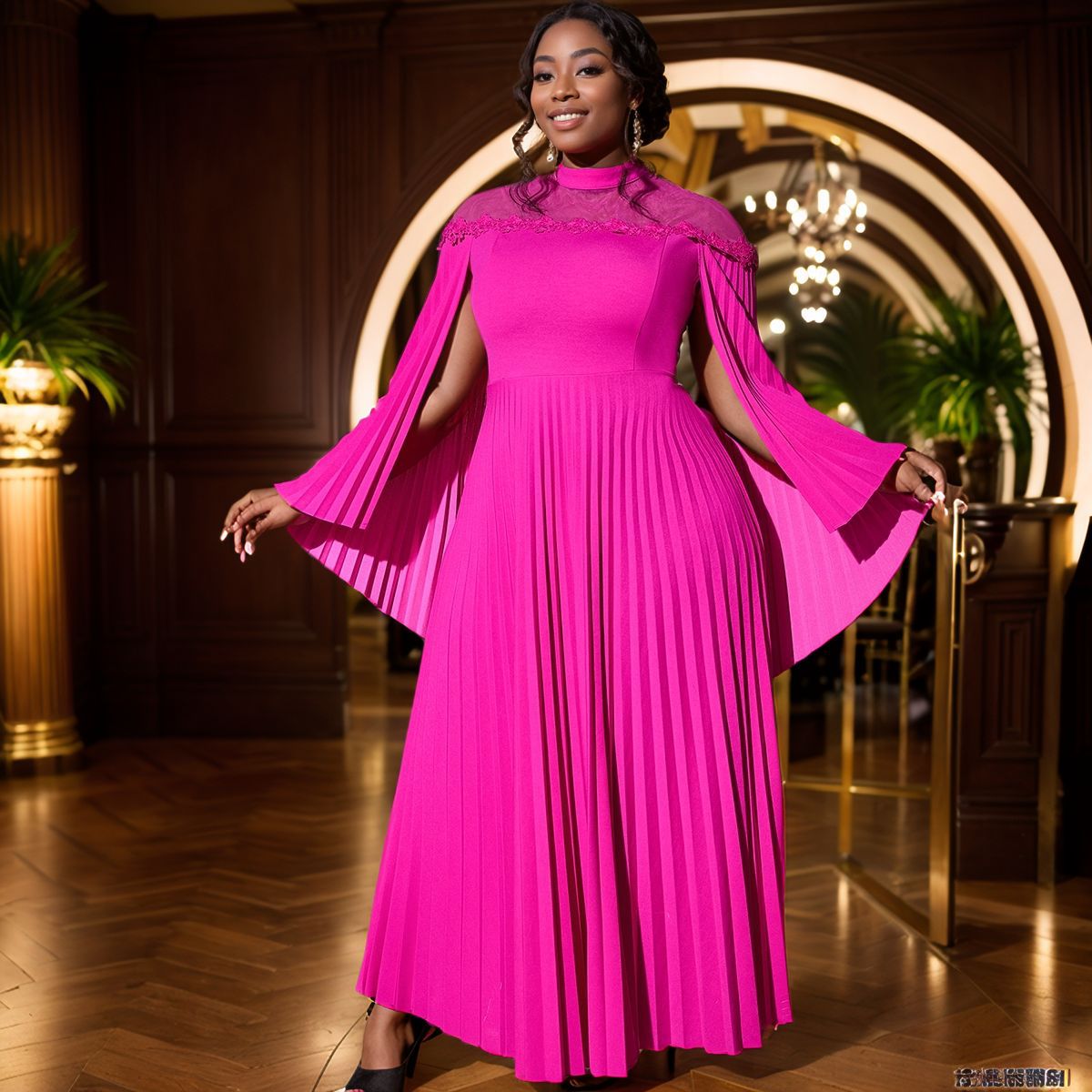 Shawl Sleeve See-Through Collar Pleated Plus Size A-Line Party Dresses 3