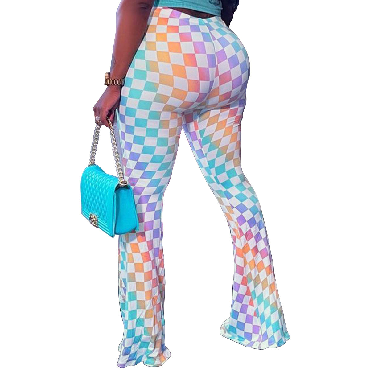 Plus Size Women Plaid Print Bell Bottom Pants 5