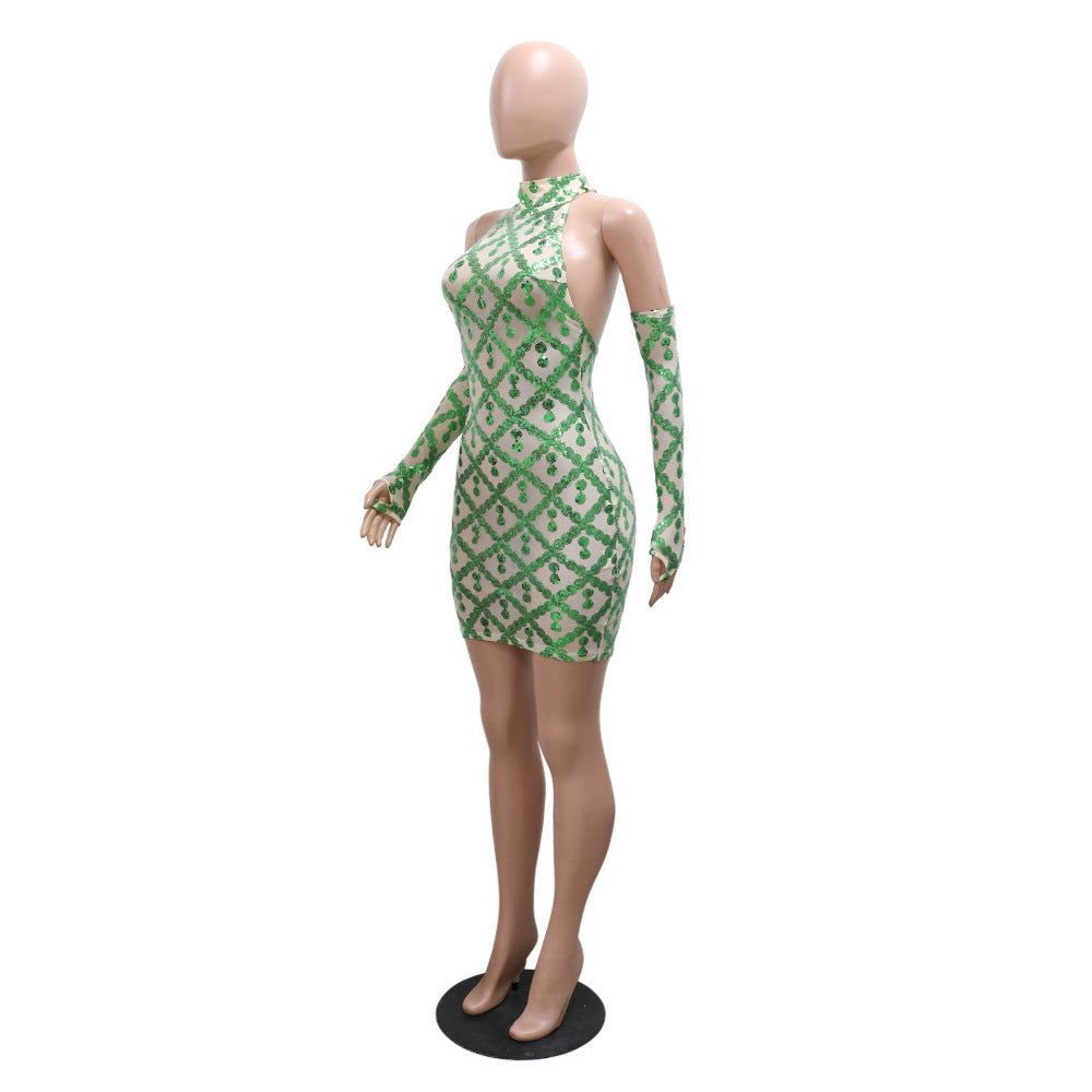 Fashionable Sleeveless Sequined Dress With Gloves 11