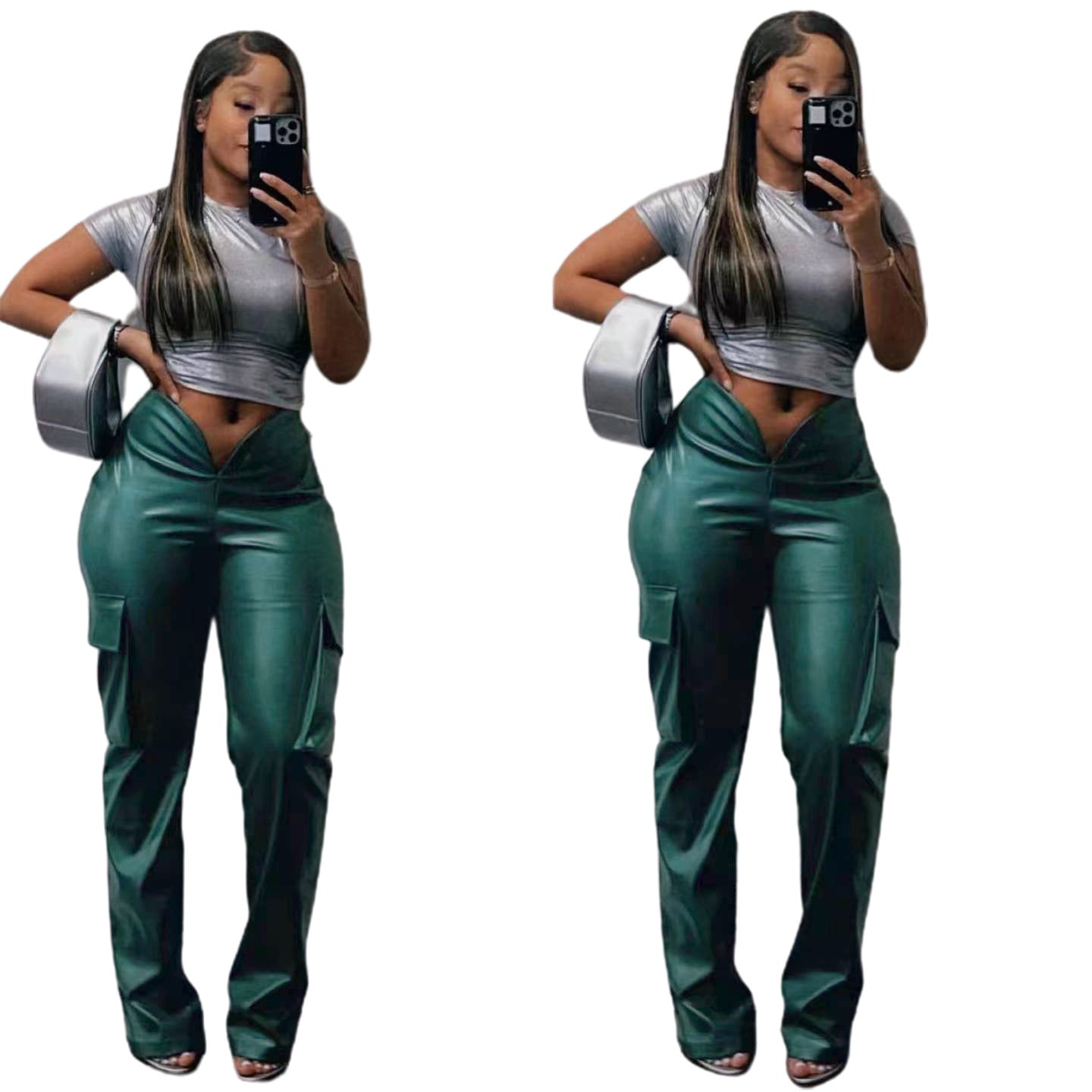 Women Casuald Pocket Stretch PU-Leather Pants 6