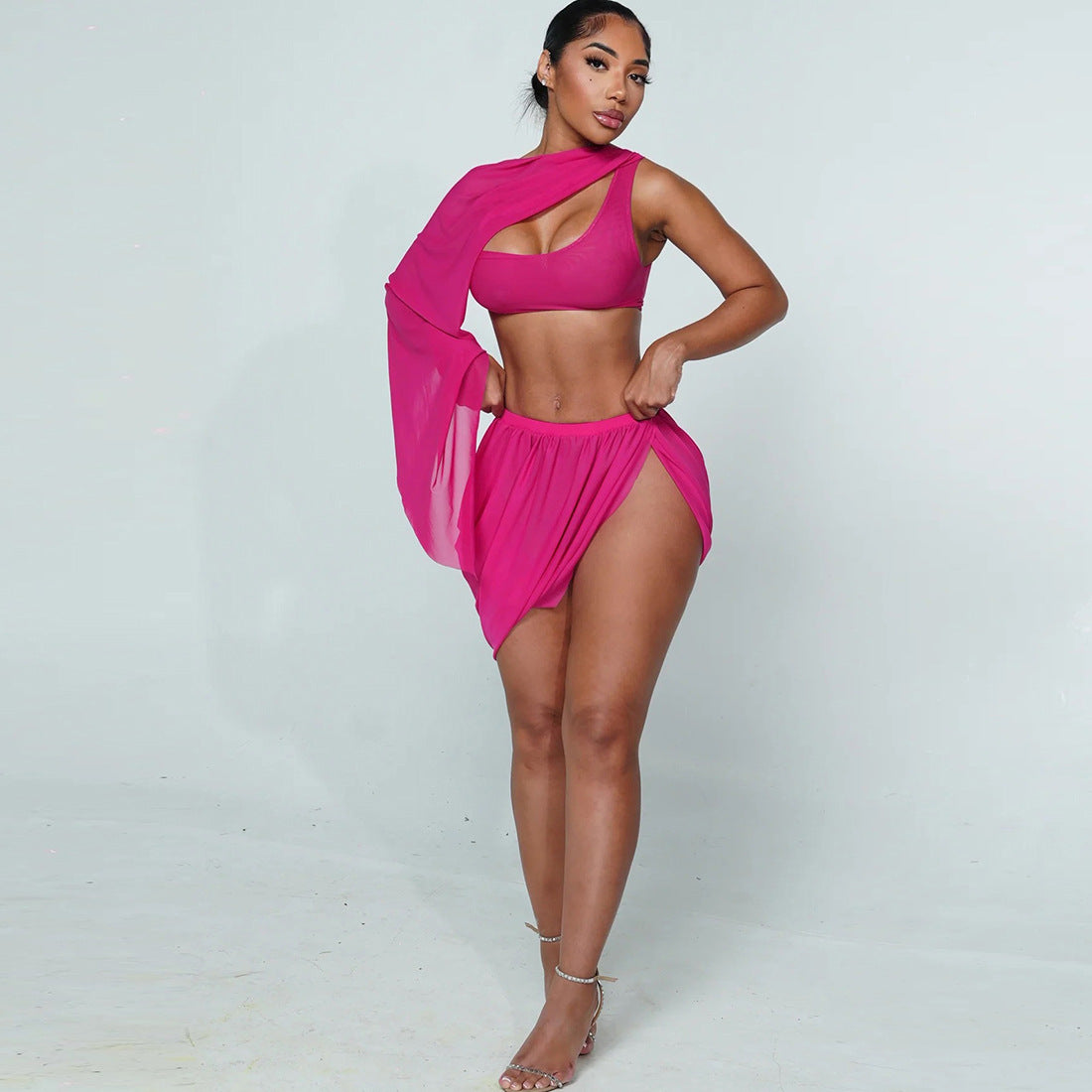 Women Fall Mesh Sexy One-Sided Long-Sleeve Crop Top with Pleated Slit Skirt Two-Piece Set 3