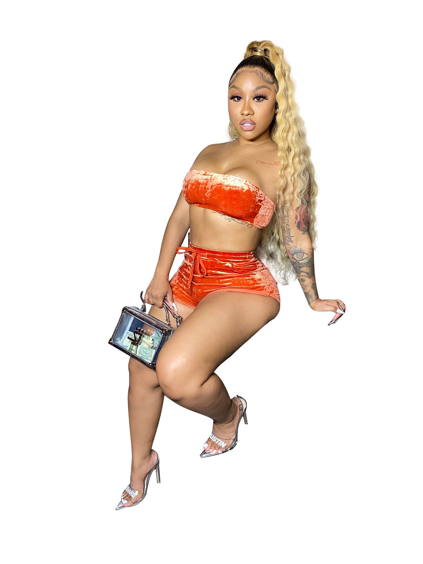 Women's Fashion Short SleeveVelvet Strapless Two Piece Shorts Set 14