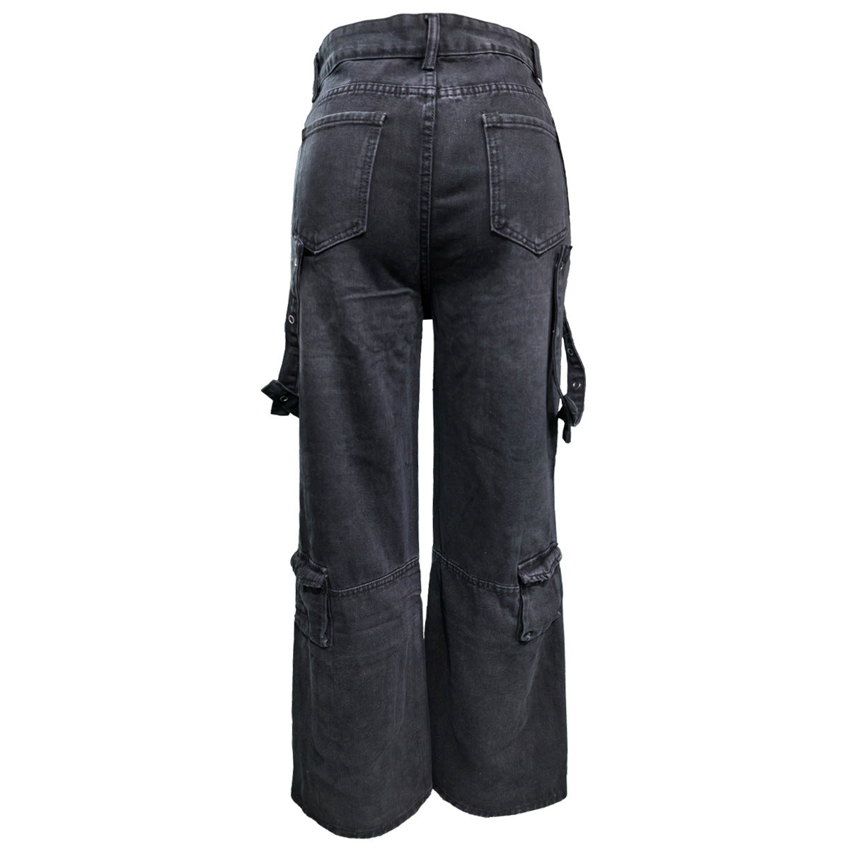 Women Washed Cargo Pocket Denim Straight Leg Pants 7