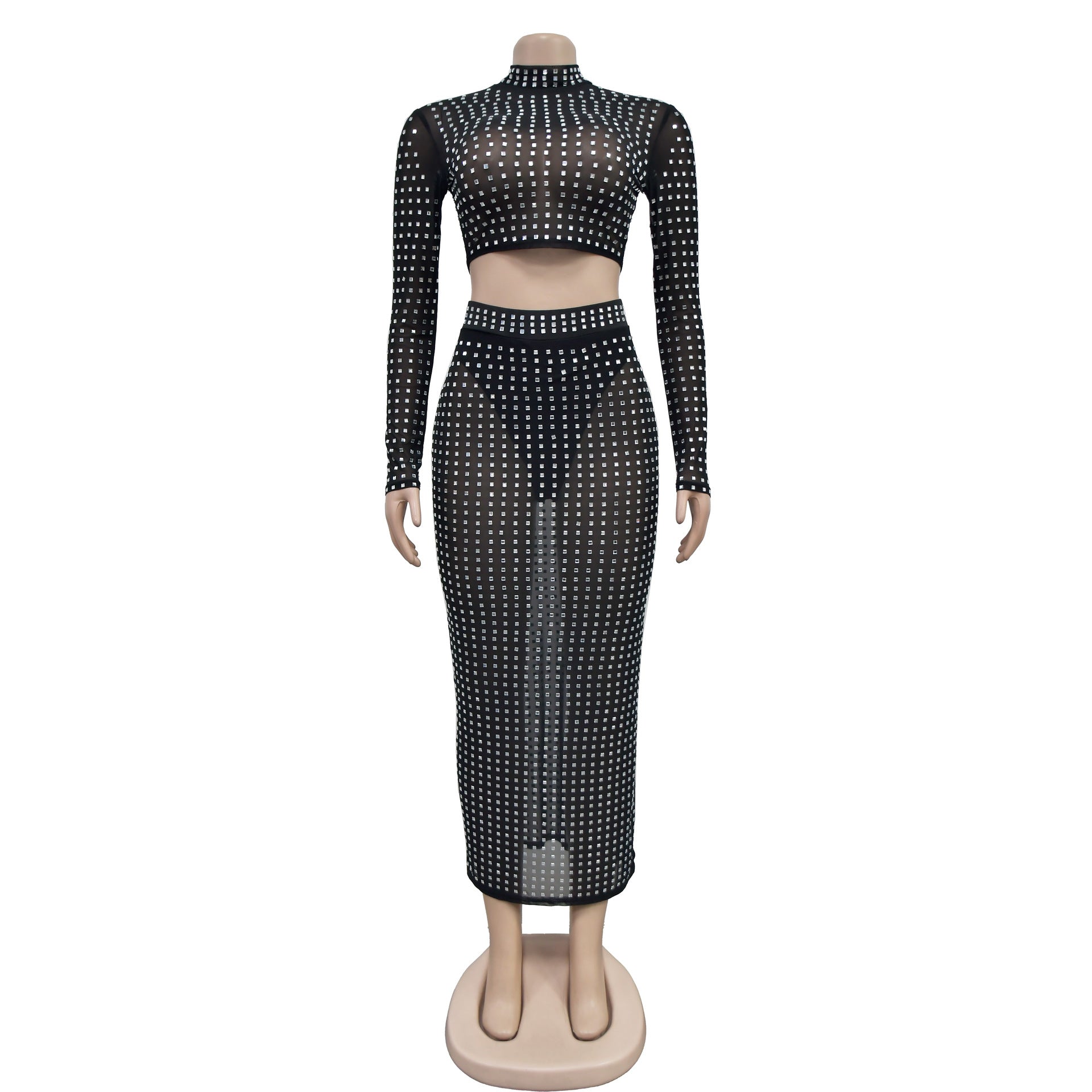 Women Solid Beaded Mesh Top and Pants Two-piece Set 11