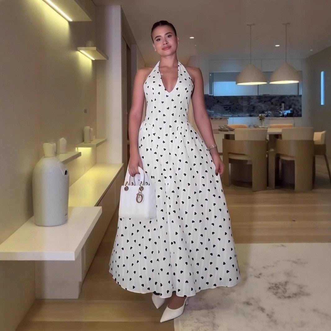 Polka Dot V-Neck Low-Back Lace-Up Halter Maxi Dress 3