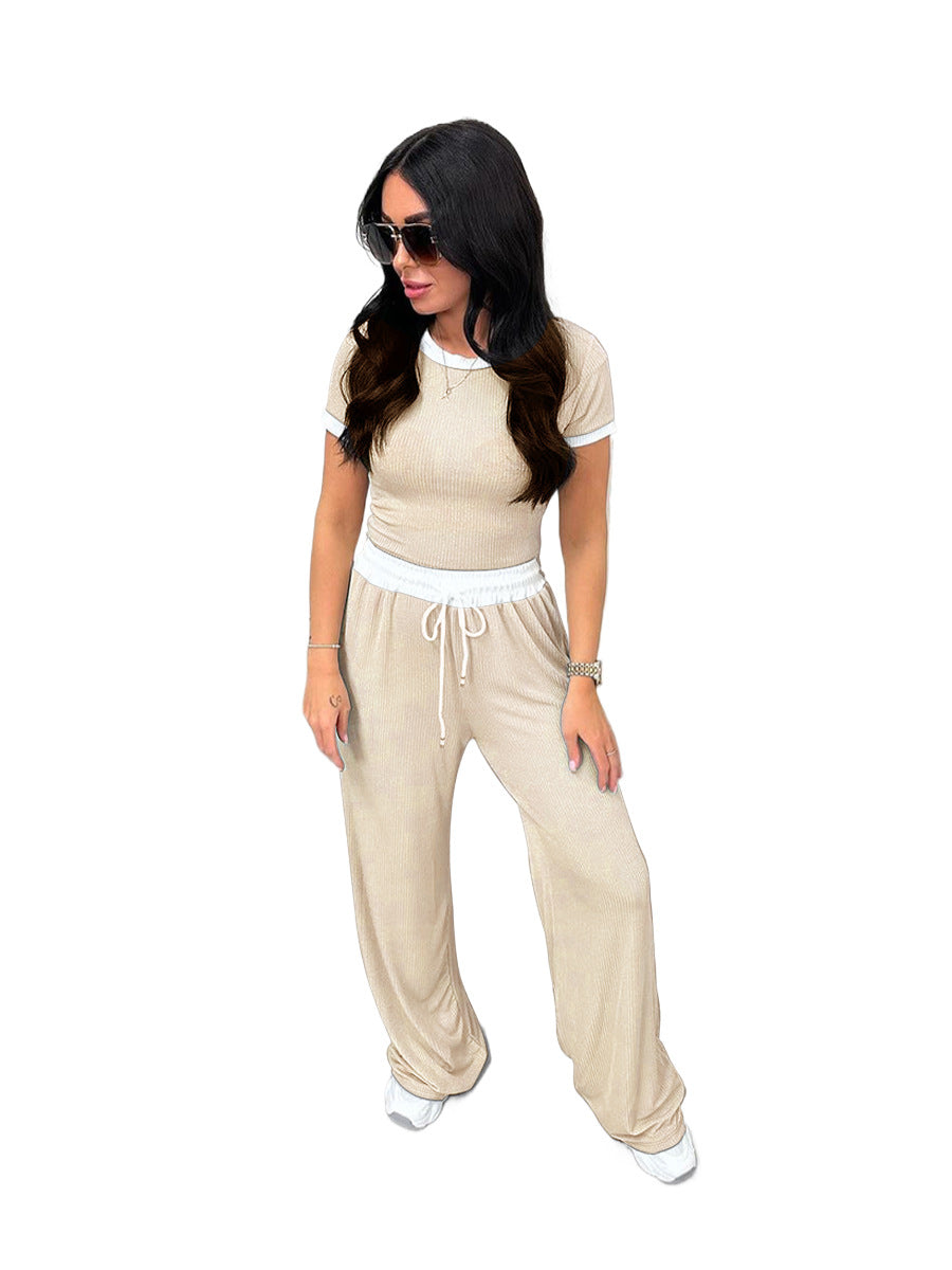 Spring Summer Style Round Neck Contrast Color Short Sleeve Top Women's Fashion Casual Wide Leg Pants Sports Two Piece Set 8