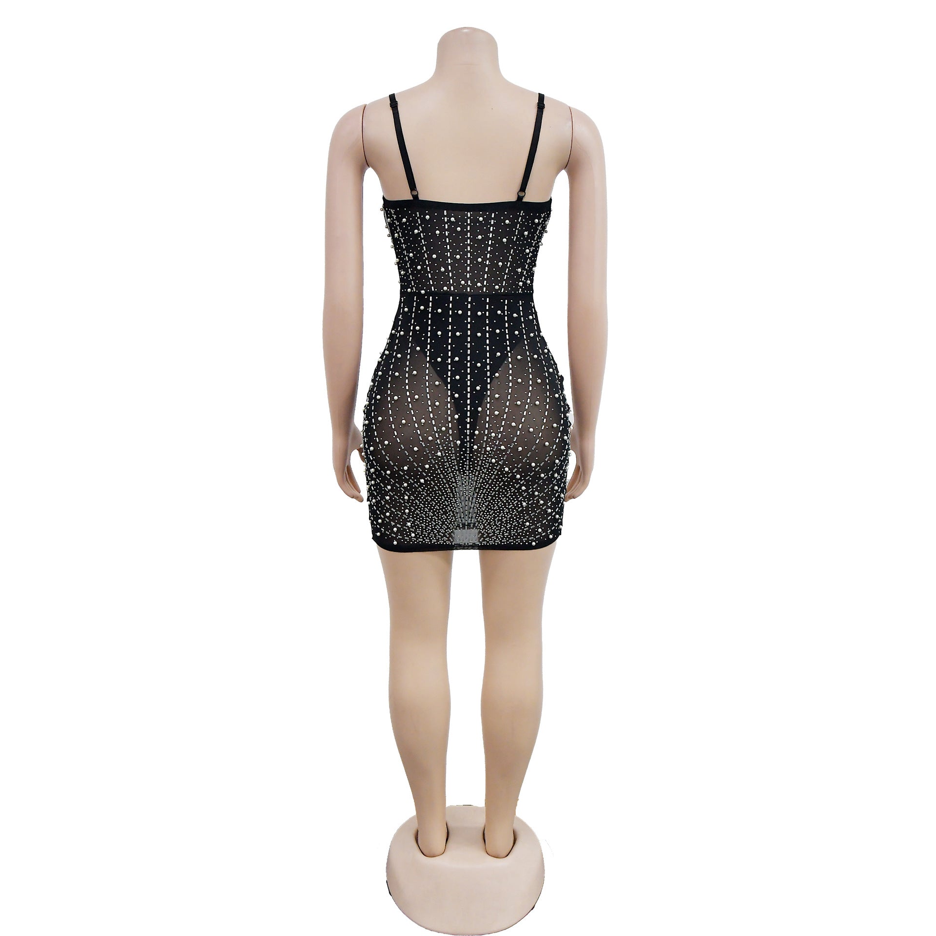 Women Solid Beaded Mesh Sleeveless Dress 13