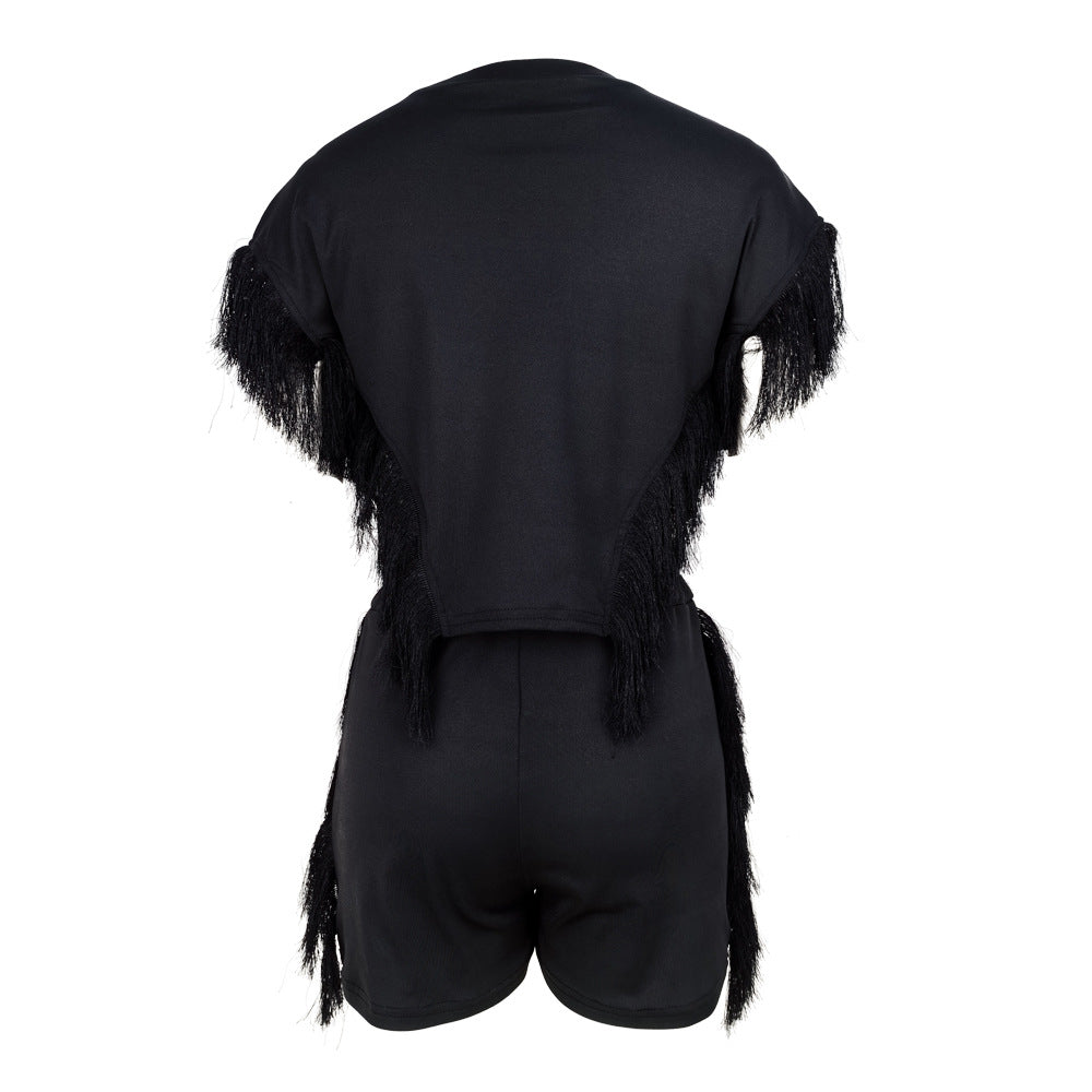 Women Short Sleeve Top and Tassel Pants Two-piece Set 14