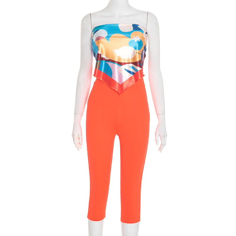 Women Spring/Summer Strapless Off-Shoulder Multi-Color Scarf Knot Solid Top Two-Piece Set 7