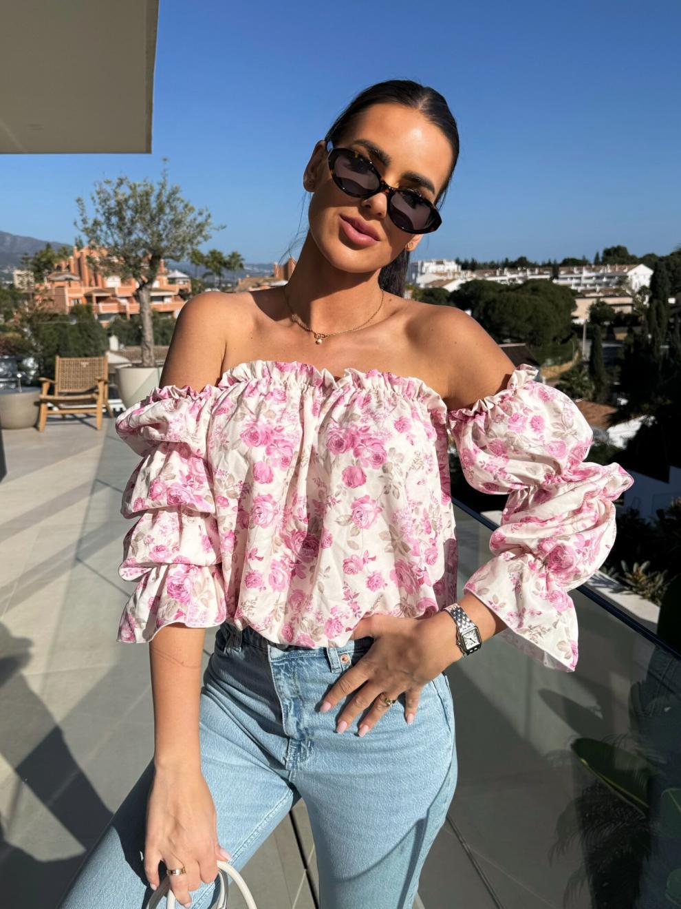 Off-Shoulder Solid Color Sexy Floral Print Long-Sleeve Shirt