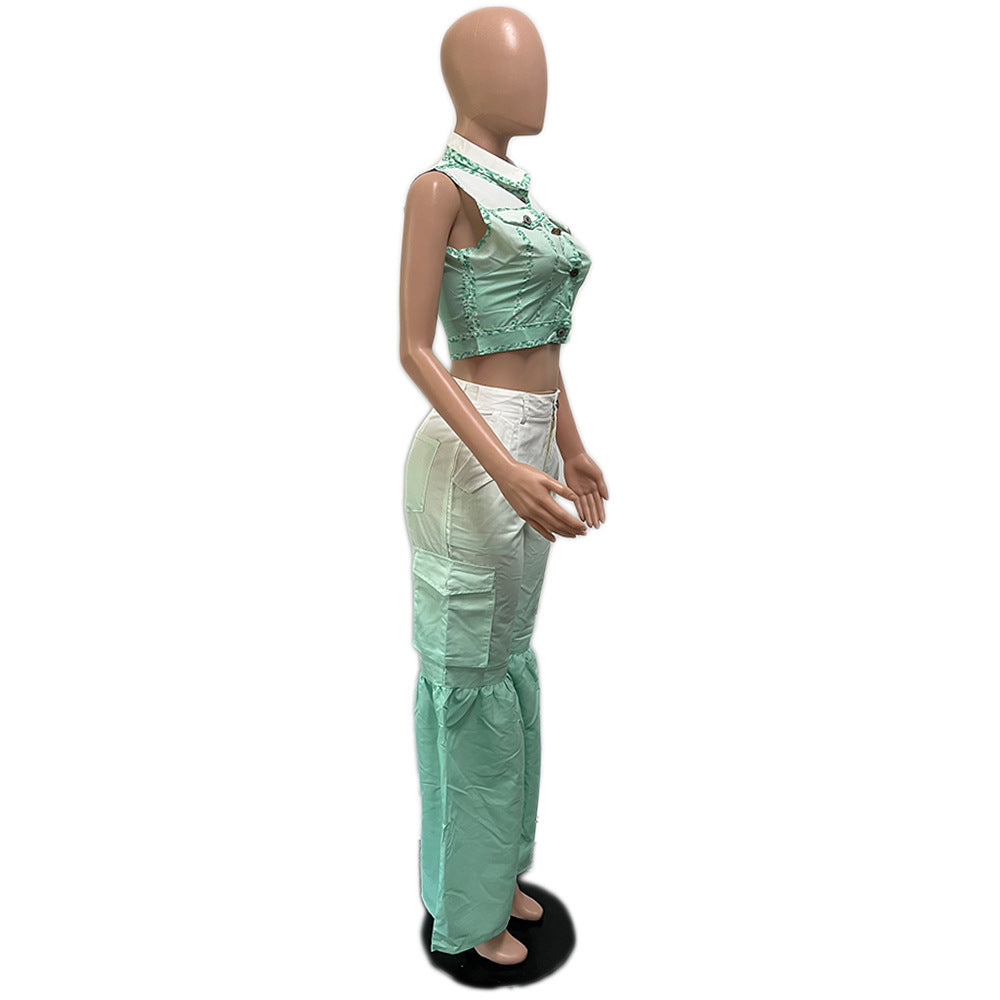 Positioning Print Multi-Pocket Bell Bottom Pants Set 5