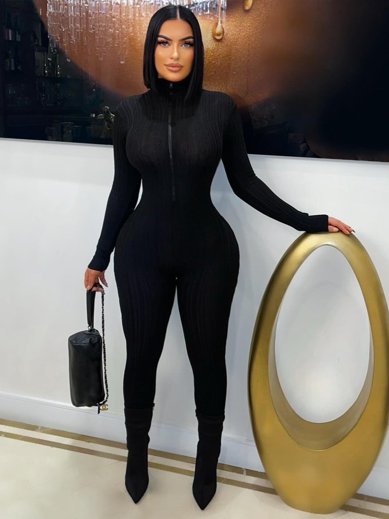 Women's Slim Fit Jumpsuit High Stretch Knitting Long Sleeve Stand Collar Zipper Casual Sporty Romper 5